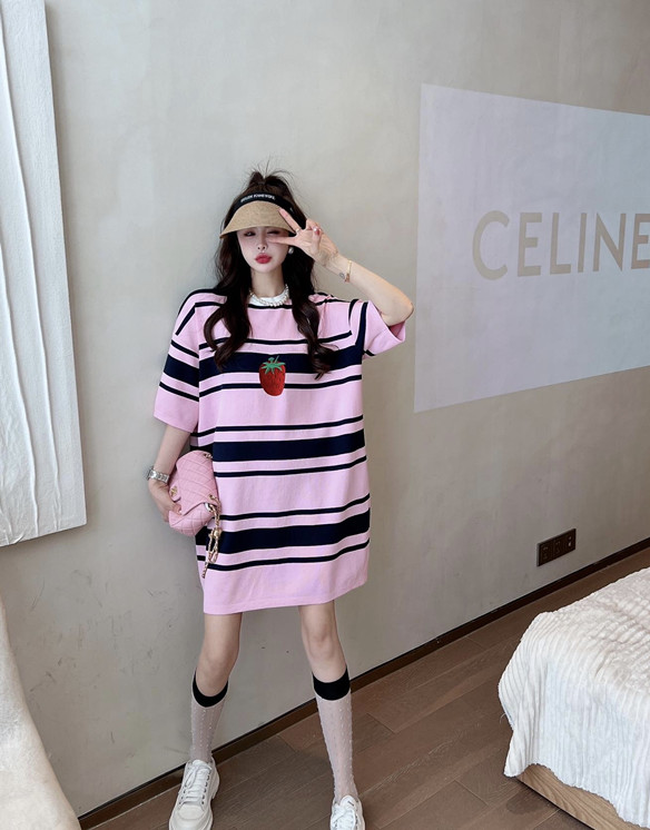 [DTU] Korean stripe loose embroidery girl heart T-shirt dress 32971# LSL