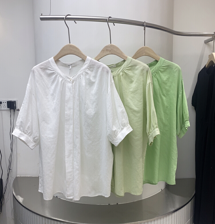 New in early summer! [sanbara] Korean round neck one row button middle sleeve shirt r9320# LSW