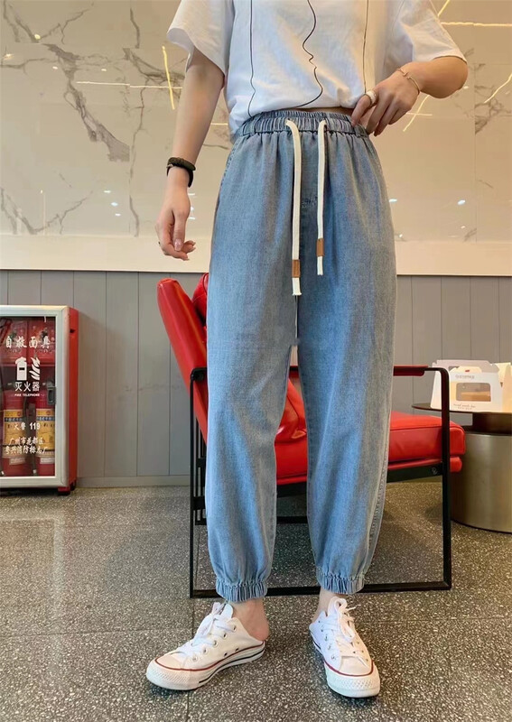 [Lexi] elastic waist drawstring comfortable jeans 22173# L