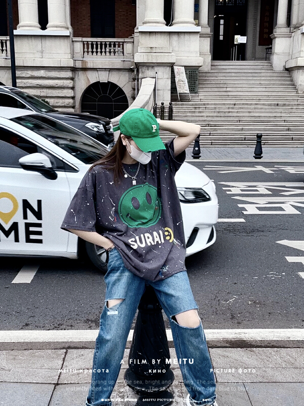 New in early summer! [bobo1972] smiling face print loose short sleeve T-shirt 229263# ozq