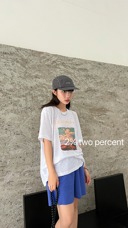 [two percent] linen oil painting versatile fashion short sleeve T-shirt 1017# LSL