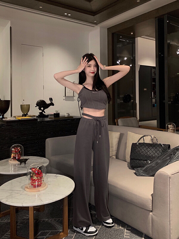 [wgwe] ins trendy design lace up Vest + open Waist Wide Leg Pants Set 1582# PCZ
