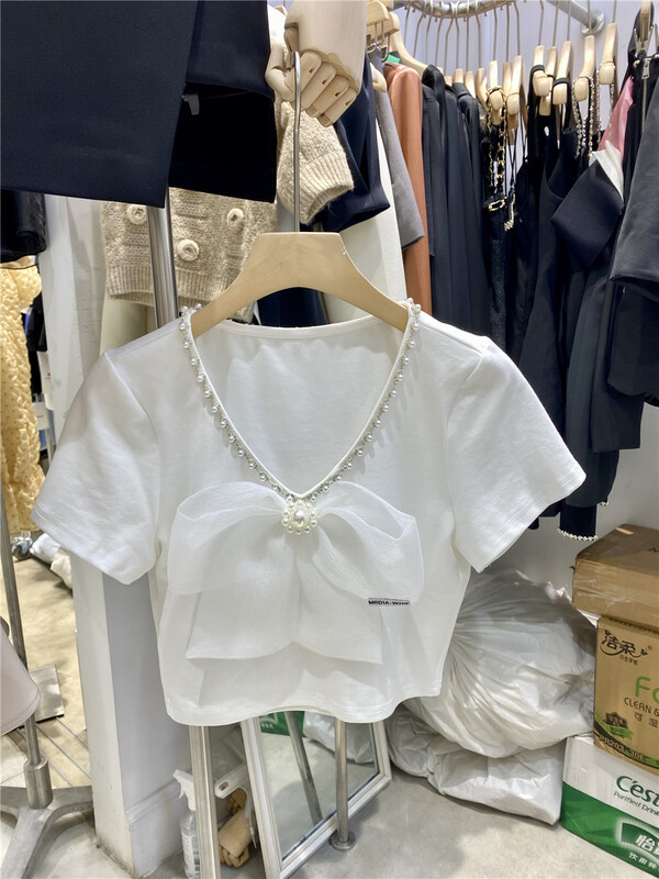[pop] simple and versatile V-neck short shirt 9912# JJ