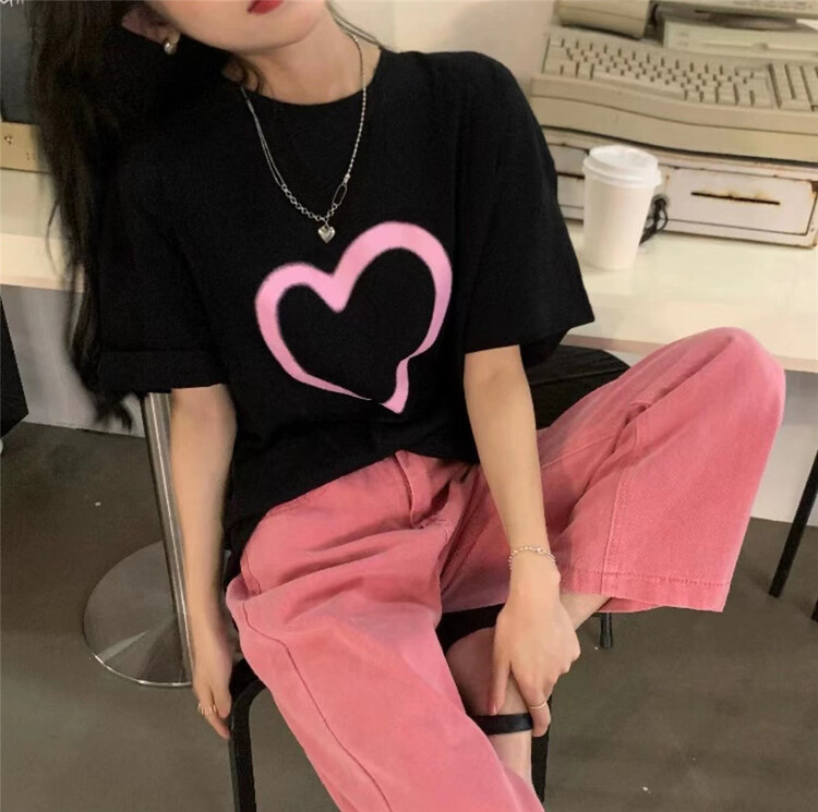[charming] Korean love printed round neck short sleeve T-shirt t1072# zjy