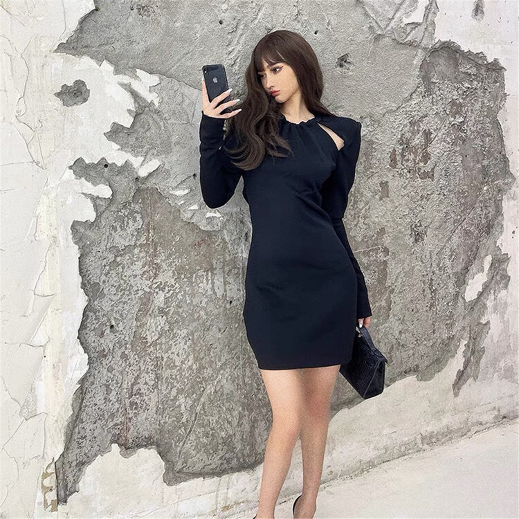 [Tan] silhouette niche hollow chain design dress d2769# zxx