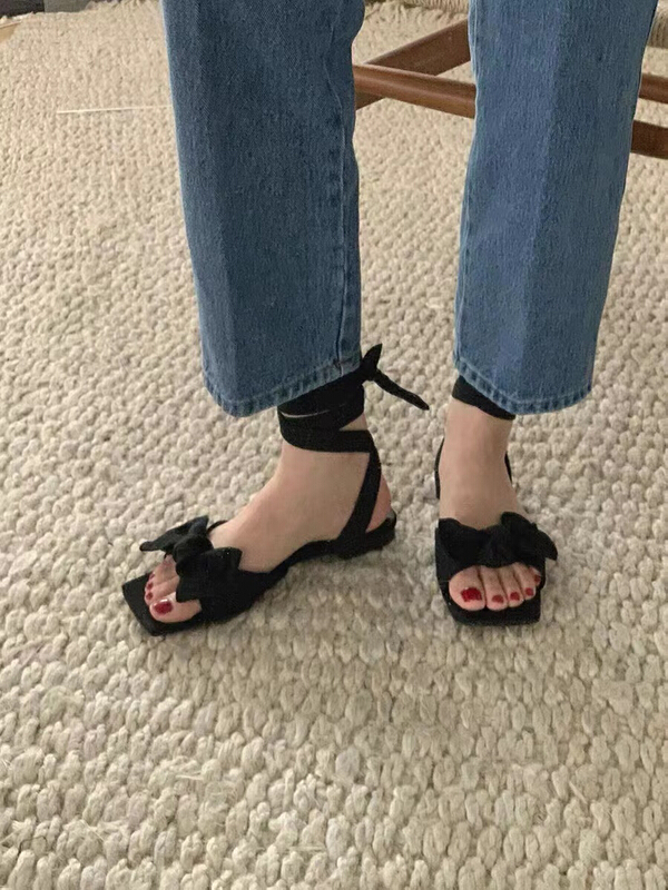 [vis type] bow tie strap fashion low flat heel sandals ys2-07# hjy
