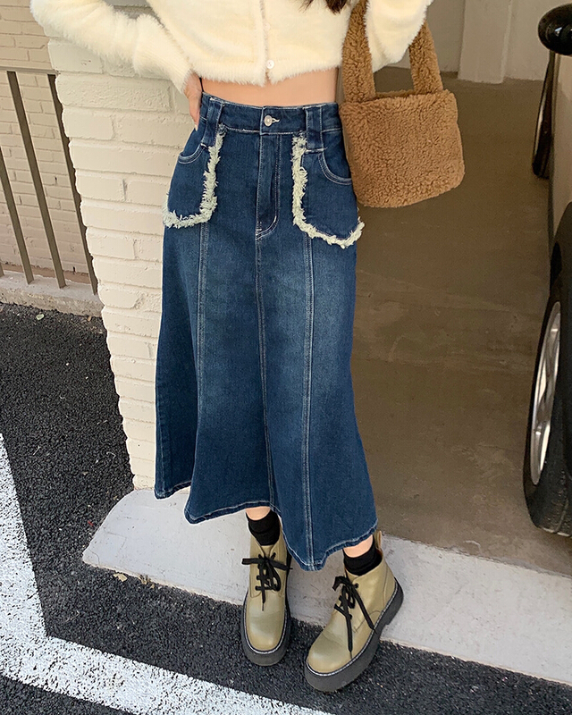 New year in early spring! [timely rain] Han Feng ins high waist and thin water washed rough pocket fishtail skirt 00023# jhy