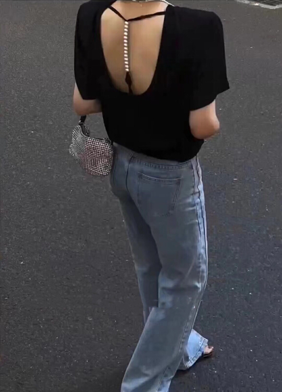 [Kiki] sexy backless design Short Sleeve T-shirt 1292# ozq