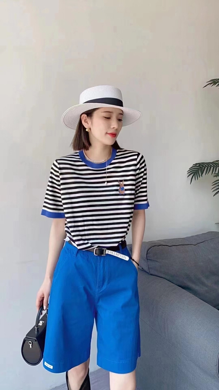[city light] foreign cartoon rabbit stripe contrast color T-shirt sy6535# XJ