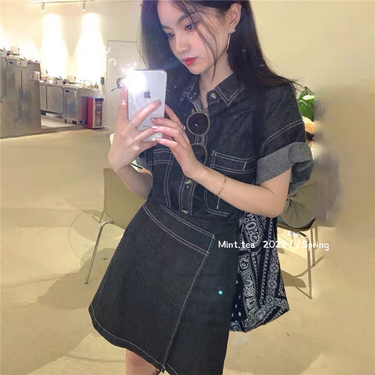 【MINT TEA】韓系百搭排扣短袖牛仔外套+不規則半裙套裝  22922#  ZJY