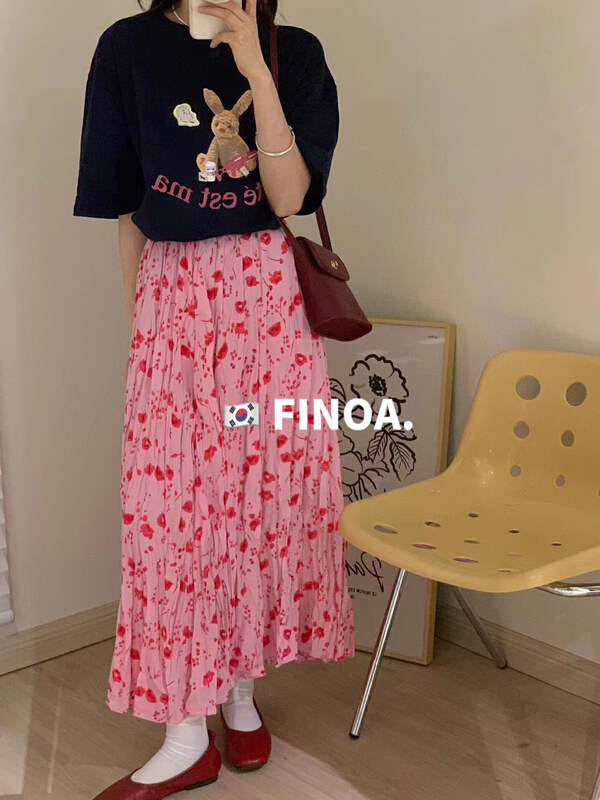 goods in stock! [finoa] Korean casual cute fashion pleated fabric floral skirt 10382# CLS