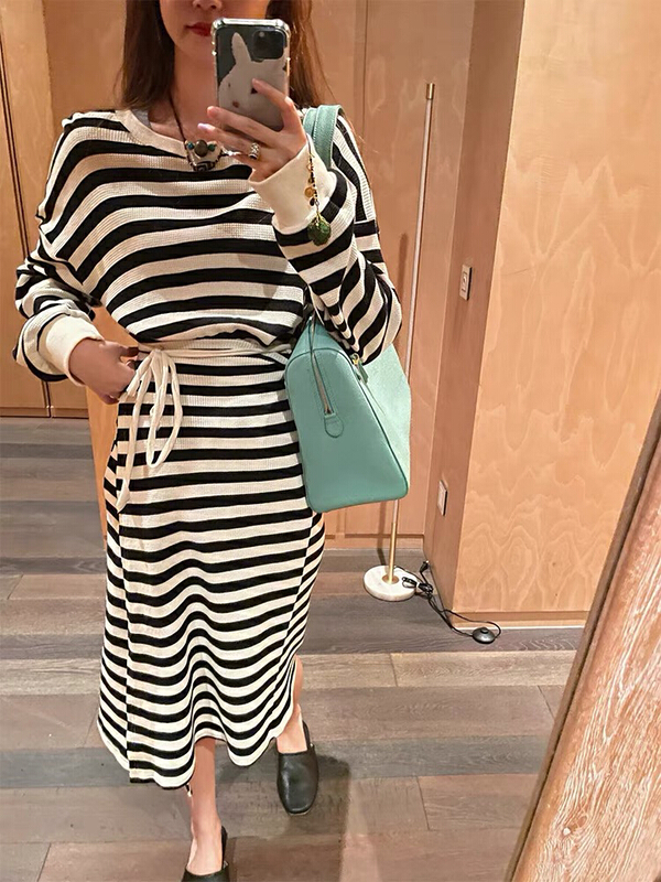 goods in stock! New year in early spring! [smile baby] Korean version lazy style simple stripe loose slim dress b2600# WPL