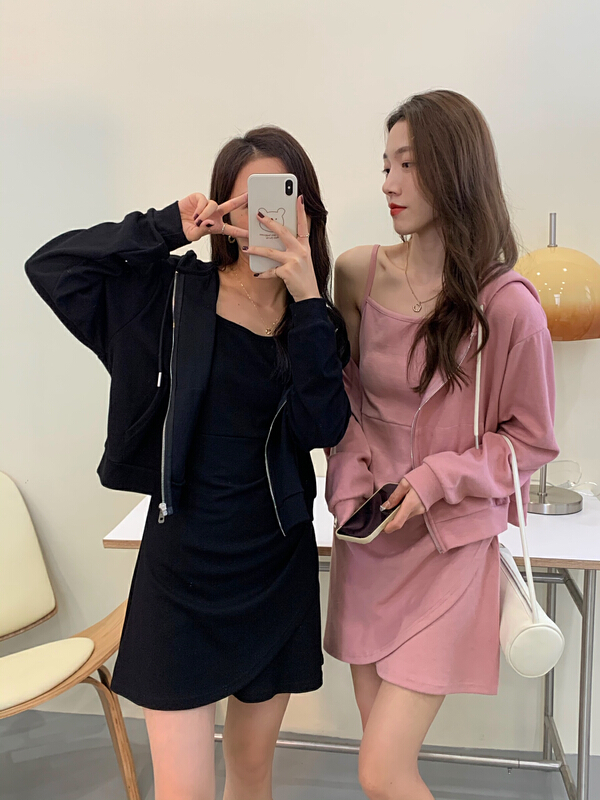 New year in early spring! [victory. 2] simple and versatile suspender skirt + hooded loose sweater jacket set b38# jhy