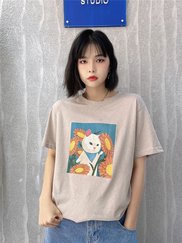 [Xixi studio] simple cartoon cat print short sleeve T-shirt ys1-9022# XYJ