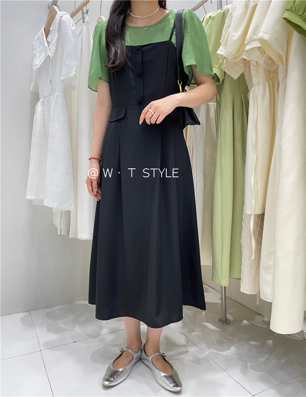 [wt] simple and personalized T-shirt with round neck + waist closed and thin suspender dress set a9038# HBx