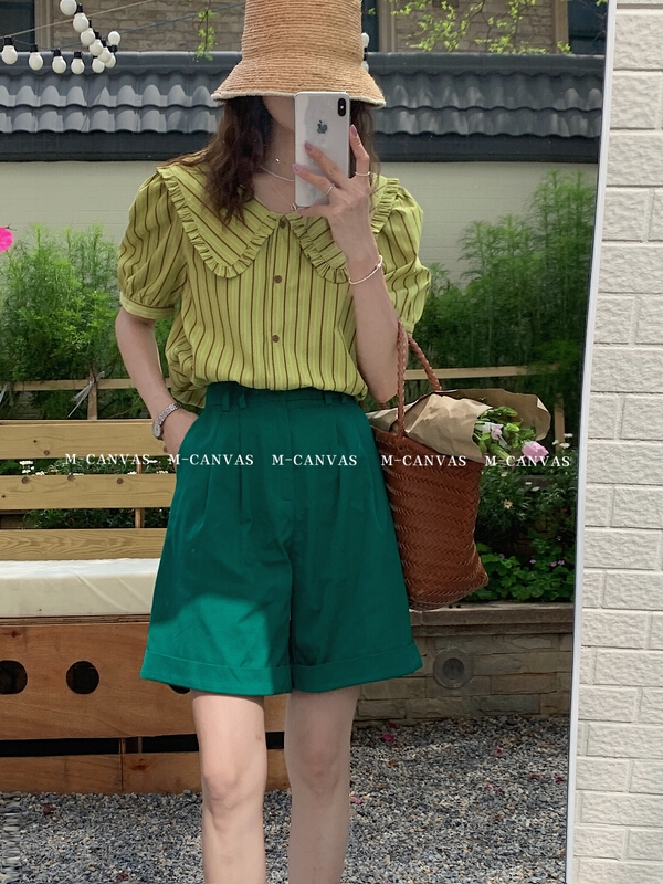 New in early summer! [m-canvas] Korean doll neck striped shirt y8127# lwy