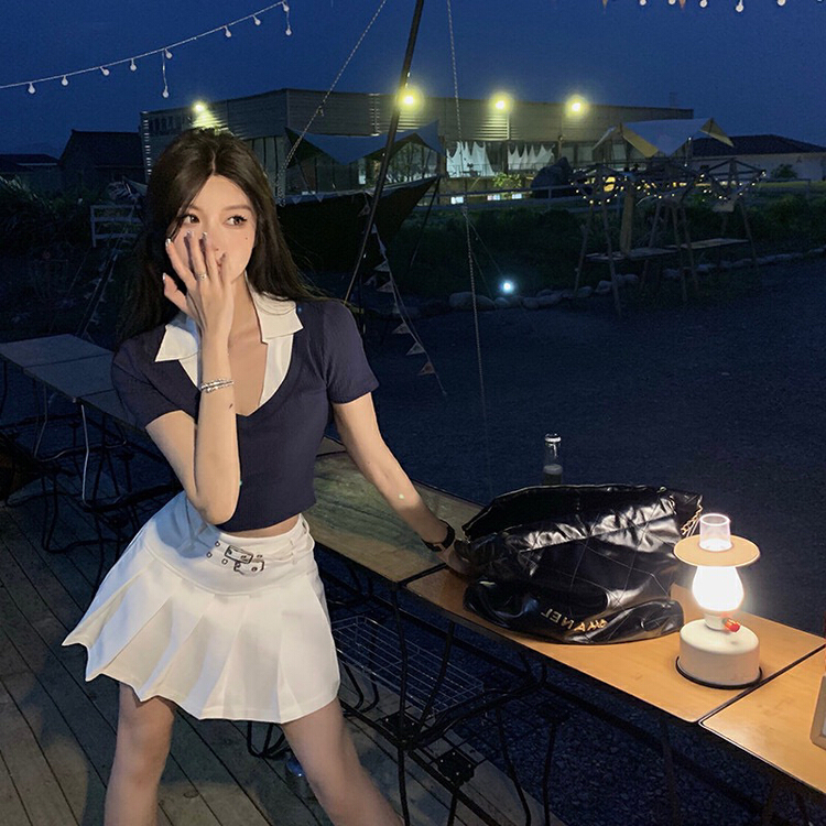 [fan fan fan] fashion shirt collar color matching top + pleated slim skirt suit 5858# JJ
