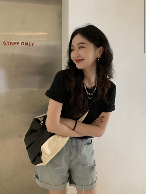 [savage] Vintage simple solid color versatile round neck short sleeve T-shirt e8225# WPL