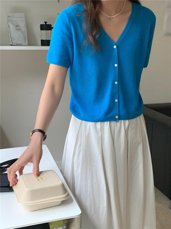 New in early summer! [feeding] Korean simple short sleeved knitted cardigan ys2-632# cqw