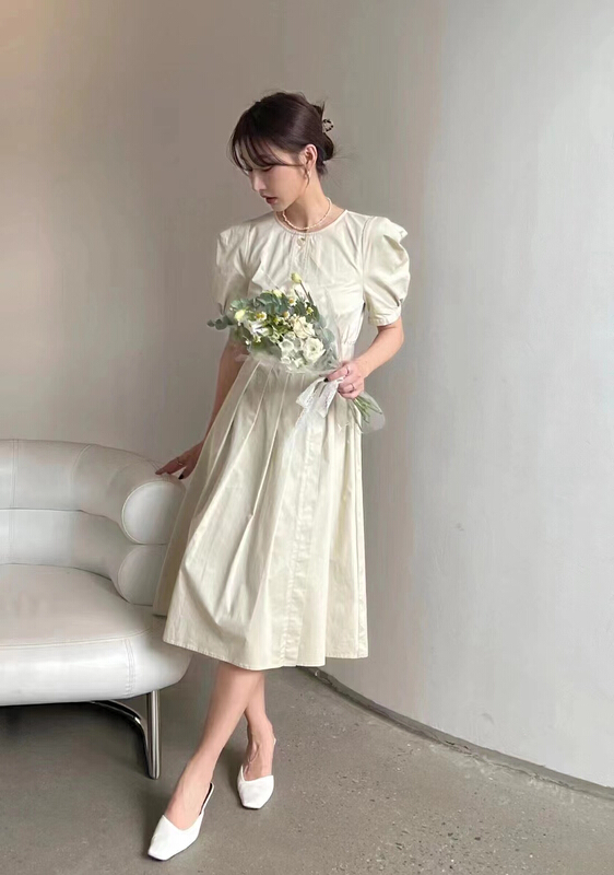 [context sense] Korean version of waist closing and thin pleated solid dress mnc965# CLS