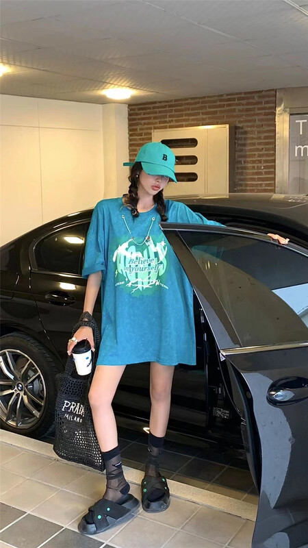 [didi] letter printing chain design Short Sleeve T-shirt (detachable with chain) 5140# ozq