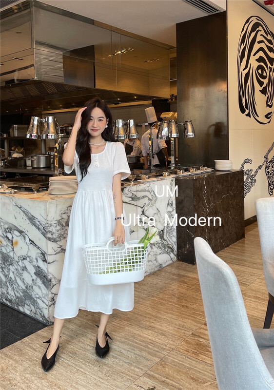 New in early summer! [um micron] Korean round neck high waist dress 88136# hjy