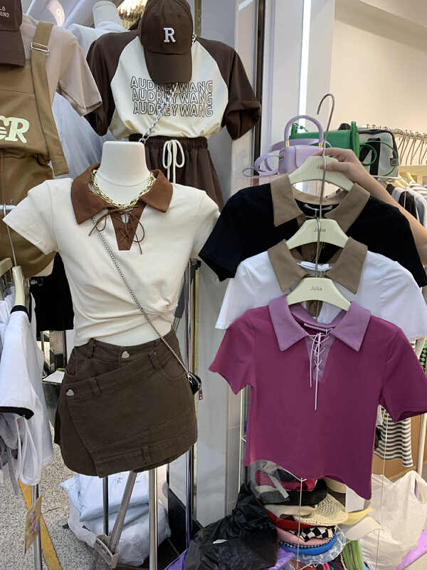 [Julia] color blocking fashion niche short sleeve T-shirt (with tether) ys1-987# PCZ