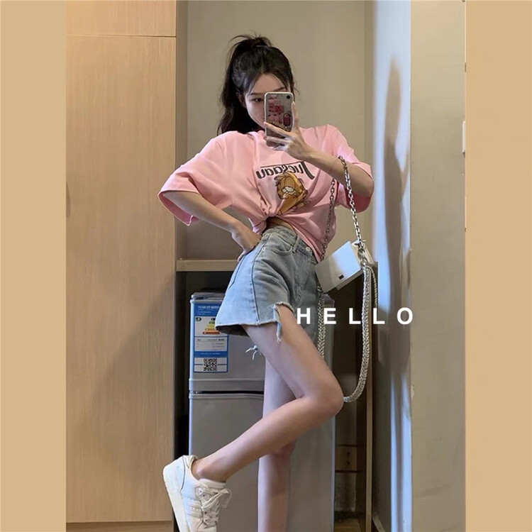 Hello-9701 printed cat short sleeve T-shirt