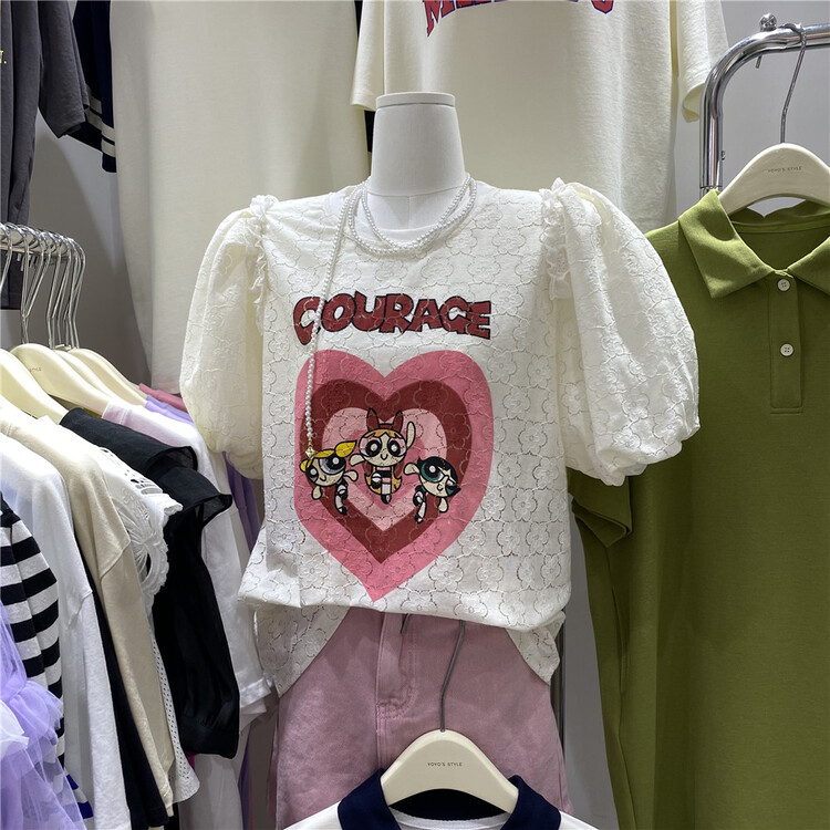 [yoyo's] Korean version loose bubble sleeve cartoon lace blouse 8545# XYY
