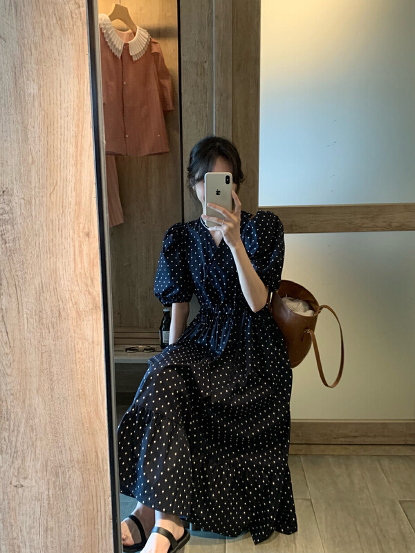 [y.jia Yijia] fashion V-neck wave point dress ys1-1050# PCZ
