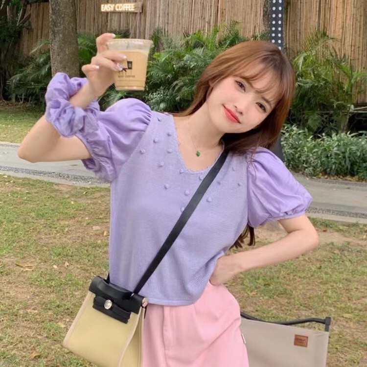 [mani] V-neck slim and versatile short sleeved sweater (with hair circle) 8867# HBx