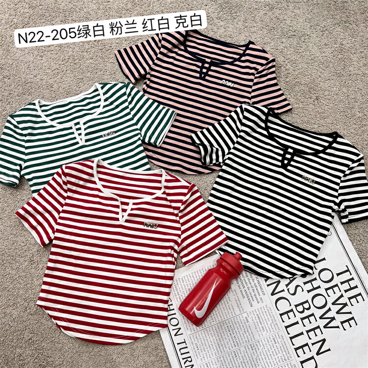 [N9] Korean versatile stripe comfortable short sleeve T-shirt n22-205# zyh