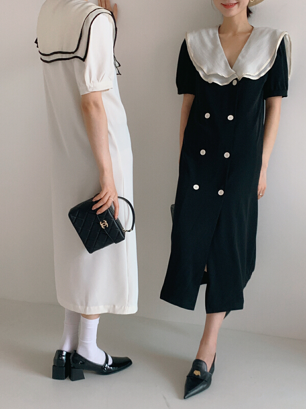 New in early summer! [new open] Hepburn style waist closing lotus leaf collar double breasted dress (with belt) xl22598# zxl