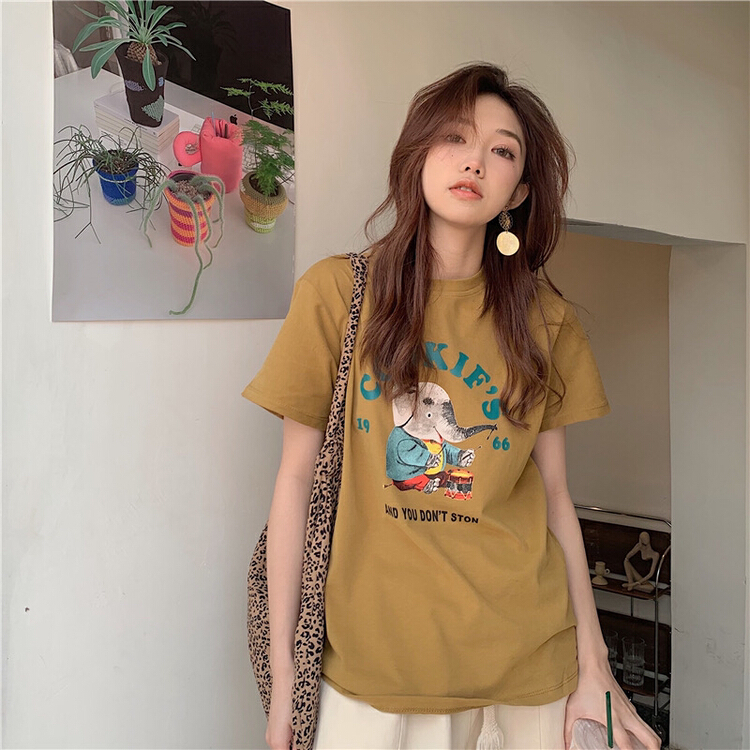 [timely rain] Korean style ins loose print pattern versatile short sleeve T-shirt v4100# WPL
