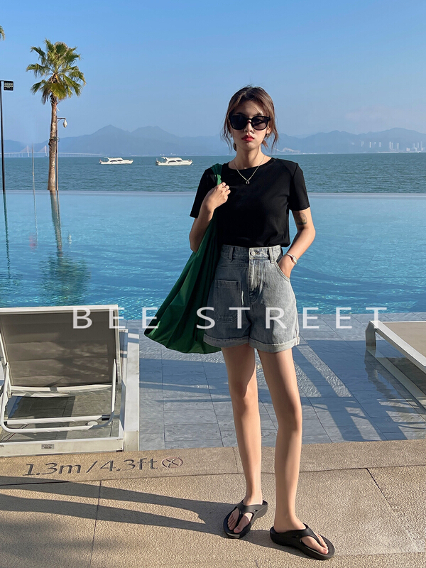 [bee Street] Korean versatile simple denim shorts 217-9# lwy
