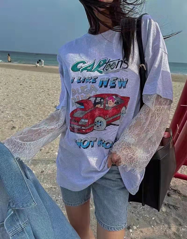 [c.h.z] fake two piece lace stitched long sleeve T-shirt 90713# WTT