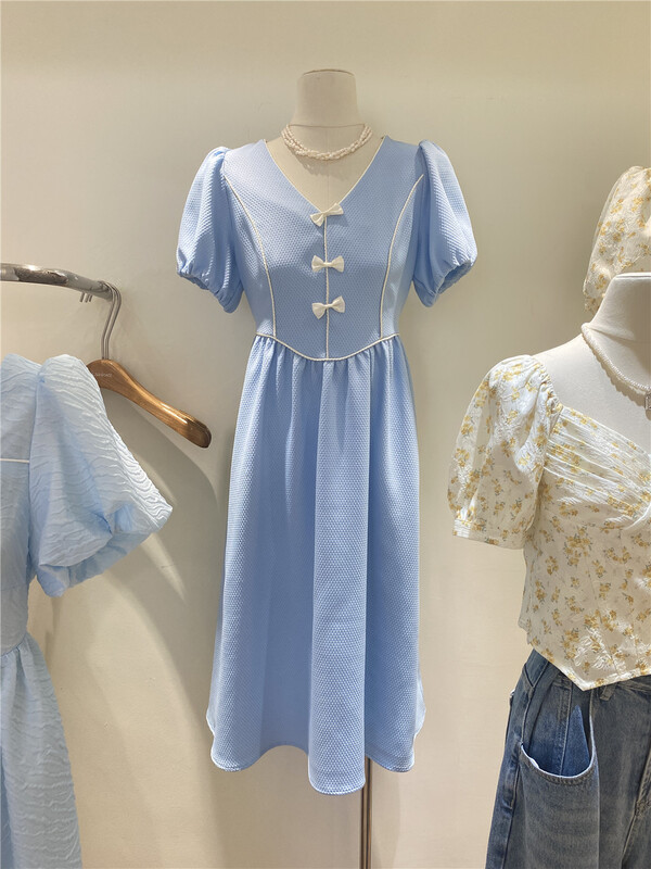 goods in stock! [Lulu grace] Korean bow decorative bubble sleeve dress 6252# ZSY