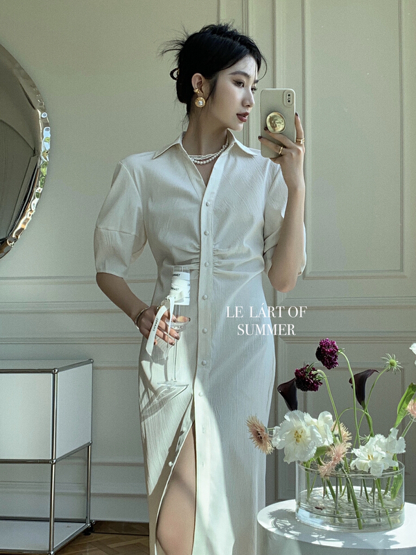 [le lart] high fashion French Style Bubble Sleeve waistband shirt dress ll1373x# XYJ