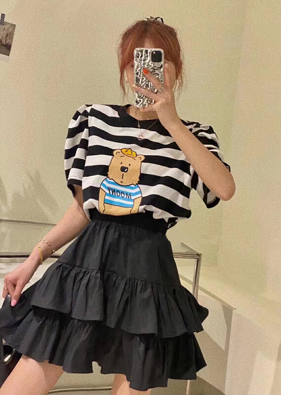 New in early summer! [Meet Rainbow] simple stripe bear print short sleeve T-shirt 08102# LSL