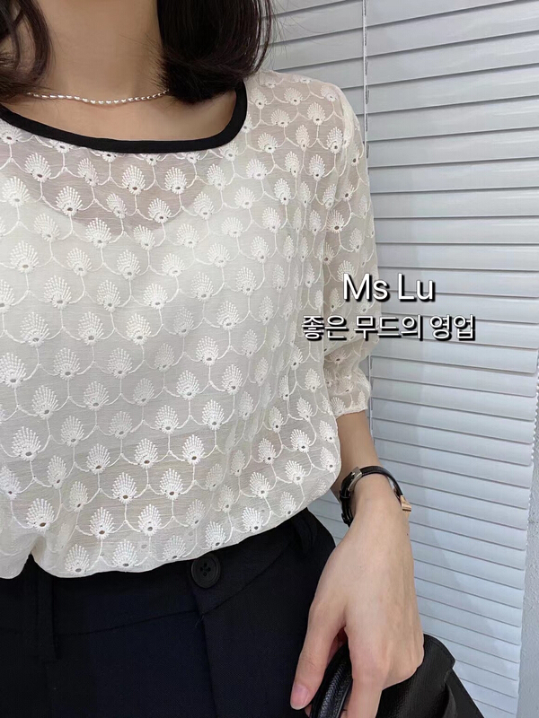 [Xiaoxiaojia] custom Floral Lace cuffs elastic contrast color blouse 80608# WTT