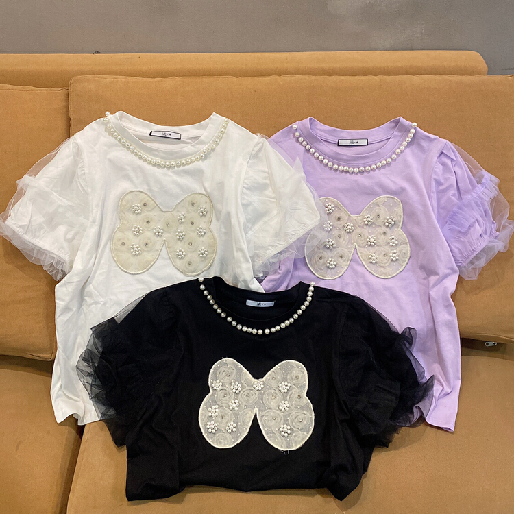 [Qijia +] bubble sleeve pearl versatile fashion short sleeve T-shirt 7595# JJ