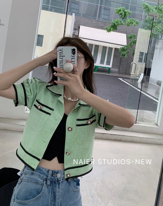[Nair] small fragrance color contrast double pocket bubble sleeve short coat 58026# cqw