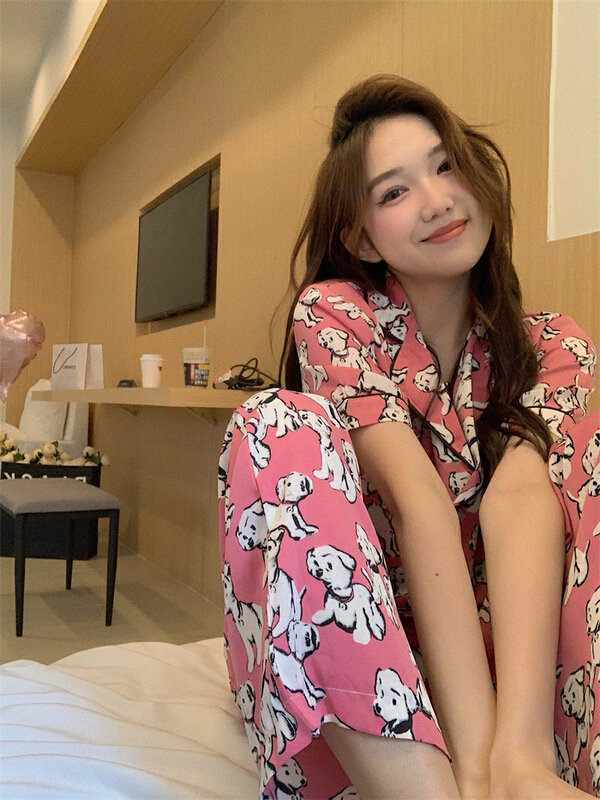[timely rain] Han Feng ins design sense Dog Print short sleeve home clothes Pajama suit 40409# WPL