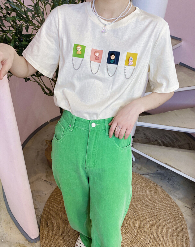 New in early summer! [twins] three dimensional doll pendant short sleeve T-shirt (non detachable ornament) 3063# hjy