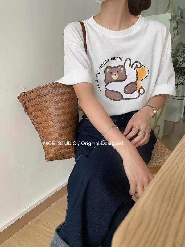 [nice studio] bear print Cute short sleeve T-shirt 0738# zxl