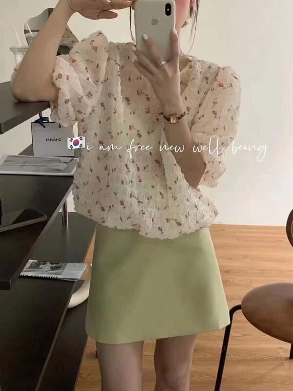[free studio] Korean Ladies' floral bubble sleeve blouse 2372# hjy