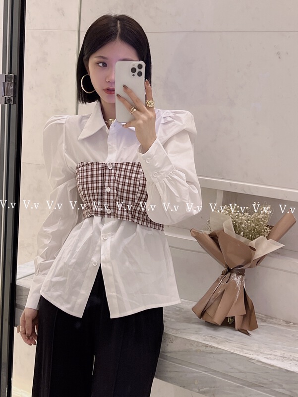 goods in stock! [v.v] fashion fake two-piece Plaid bubble sleeve shirt ys1-9922# cqw