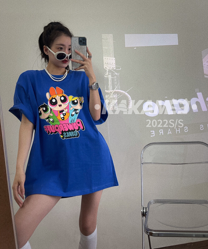 [kakamee] cartoon flying policewoman spray painted short sleeved T-shirt 3960# LSL