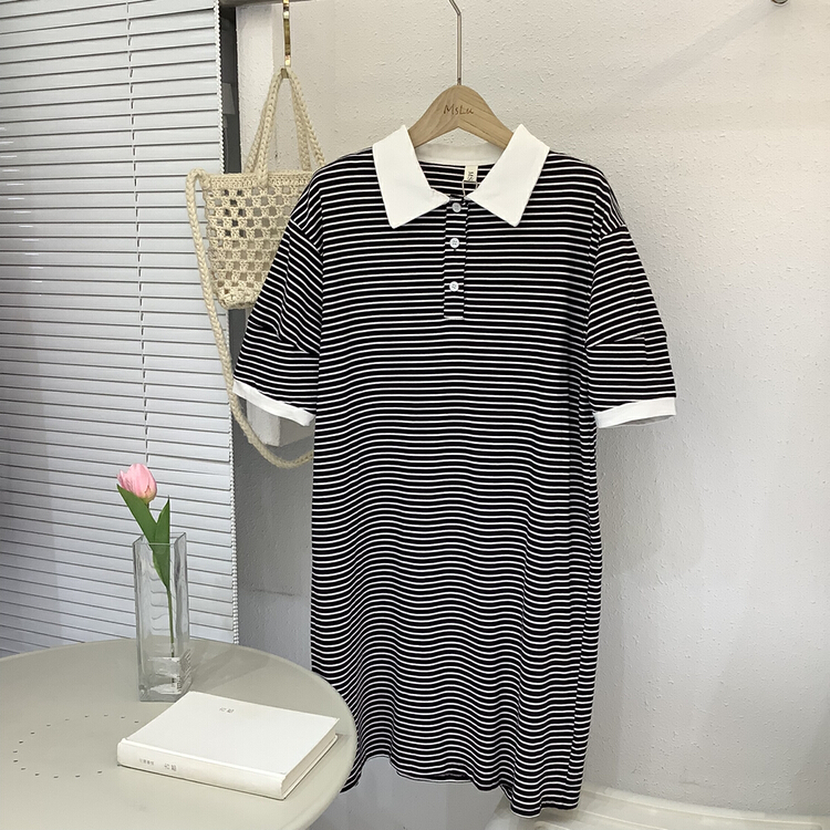goods in stock! [path home] classic stripe bubble sleeve polo dress 80377# WTT