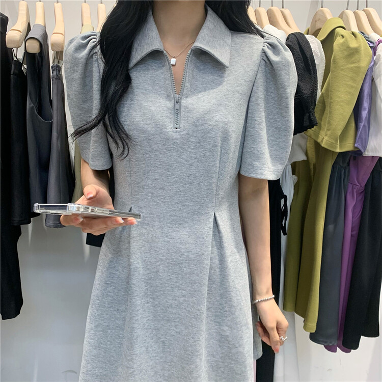 [w-jia] Korean Polo neck pleated waist dress 9819# PCZ